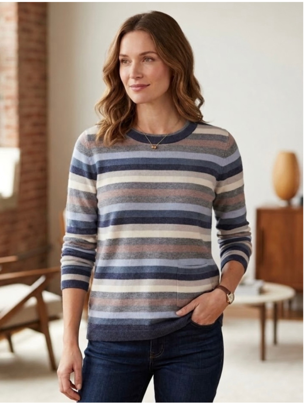 Charlie B Striped Knit Sweater XL NWT Blue Cream Pocket Coastal Preppy Crewneck